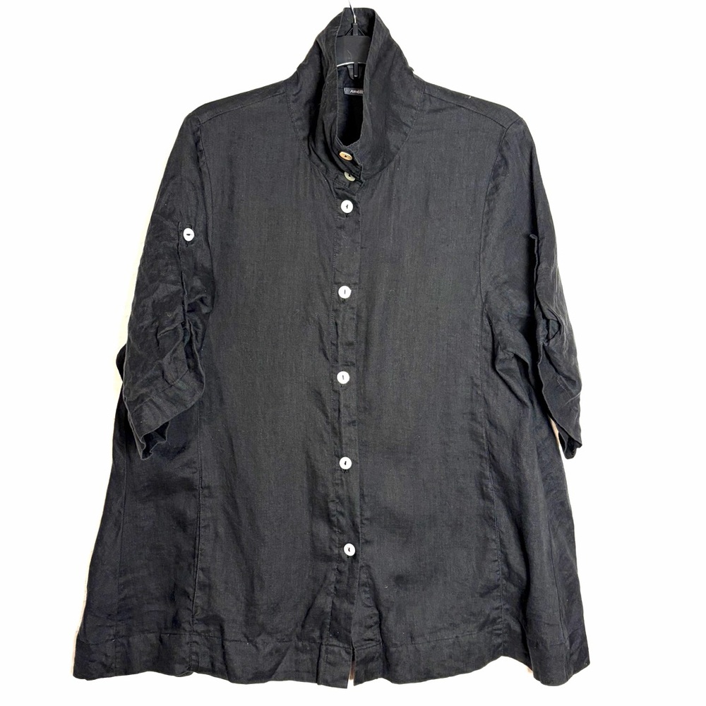Amelline Top Womens M 100% Linen Black Tunic Lagenelook Pockets High Neck Button